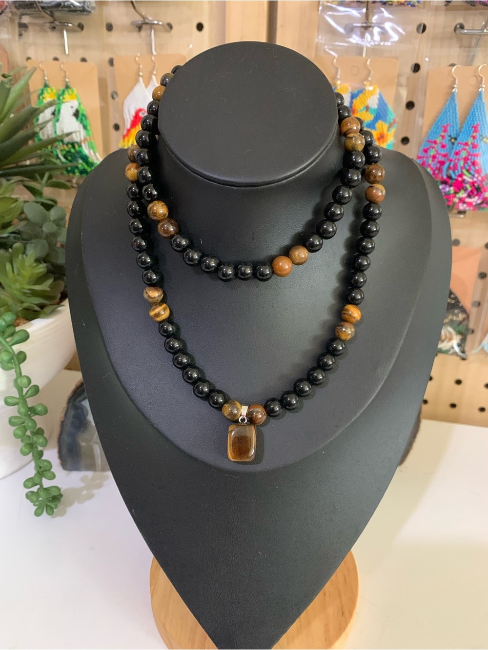 Double-Layer Black and Brown Beaded Necklace with Tiger Eye Pendant